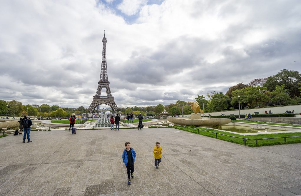 Eiffel Tower view from Trocadero Gardens Paris with kids