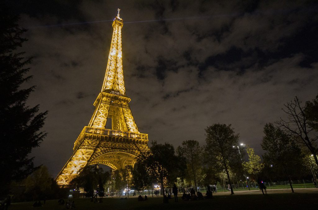 View of Eiffel Tower at night.