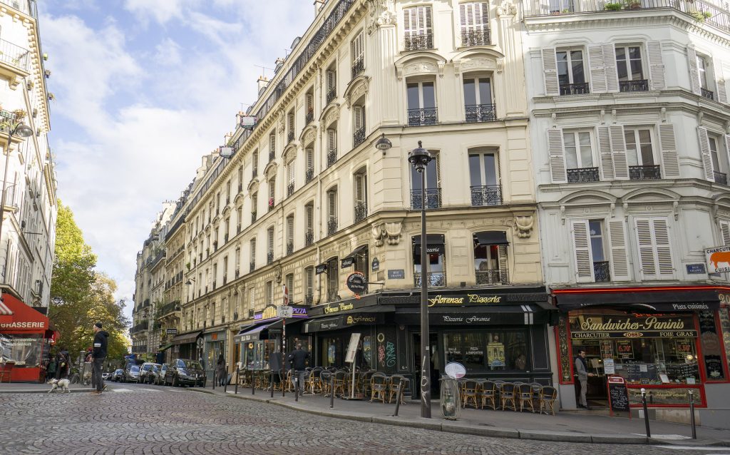 Shops and restaurants in Paris' Montmartre area.